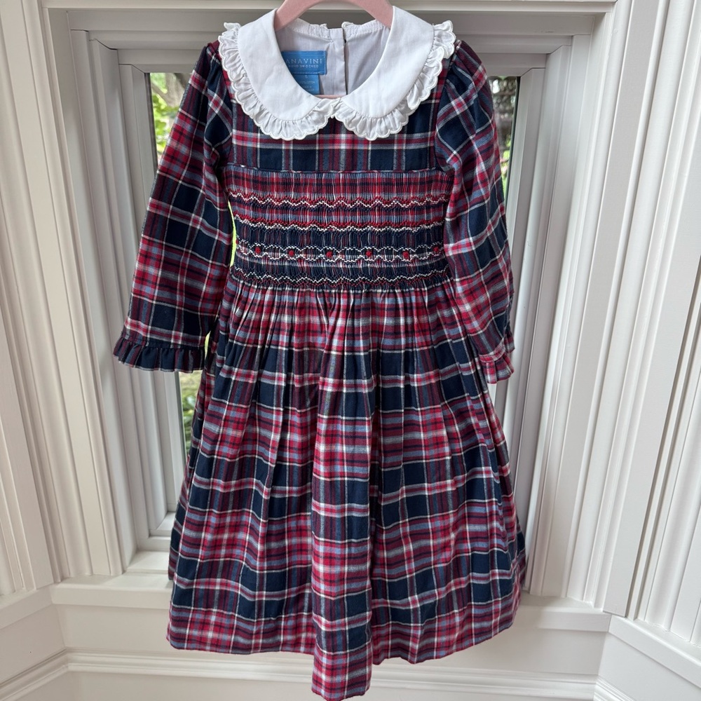 Anavini Girls Red Plaid Smocked Long Sleeve Dress with White Collar Size 5